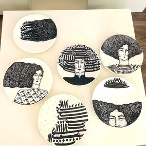 Set of 6 Hand-Painted Middle Eastern Wall Plates – Black & White Ceramic Art